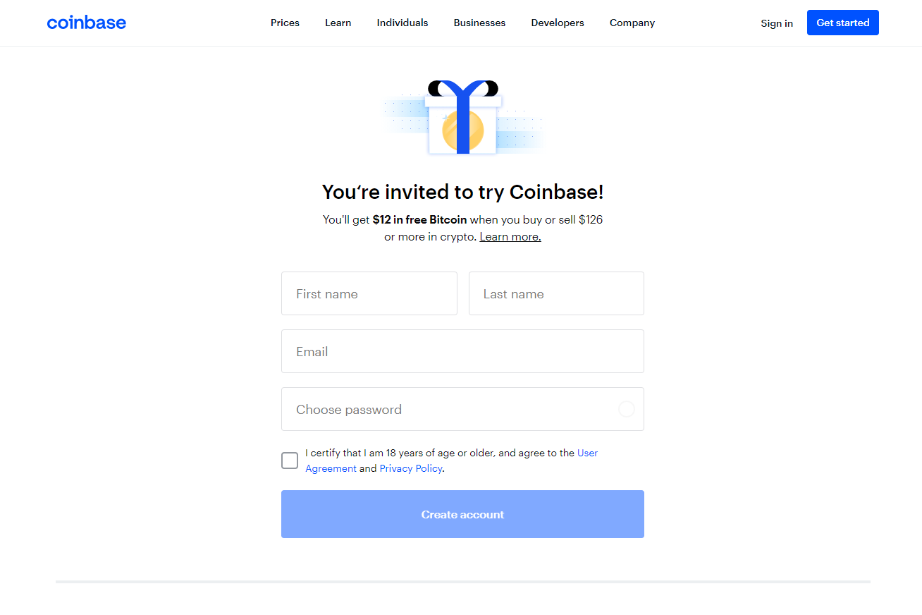Coinbase referral signup page